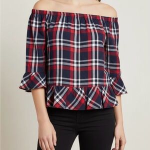 Japna Anthropologie Plaid Peplum Top Small Red Navy Cottagecore Boho